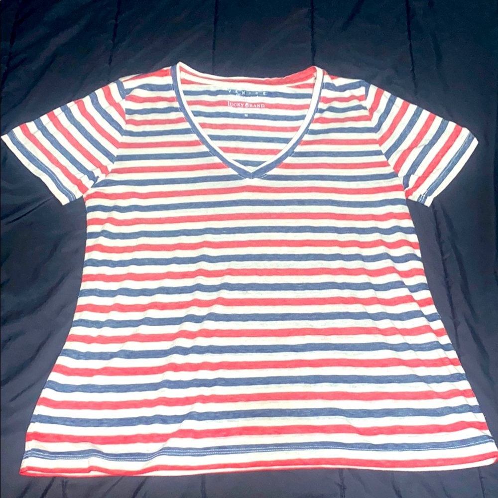 Lucky Brand Women’s Red, White & Blue Striped V-Neck Tee American Summer